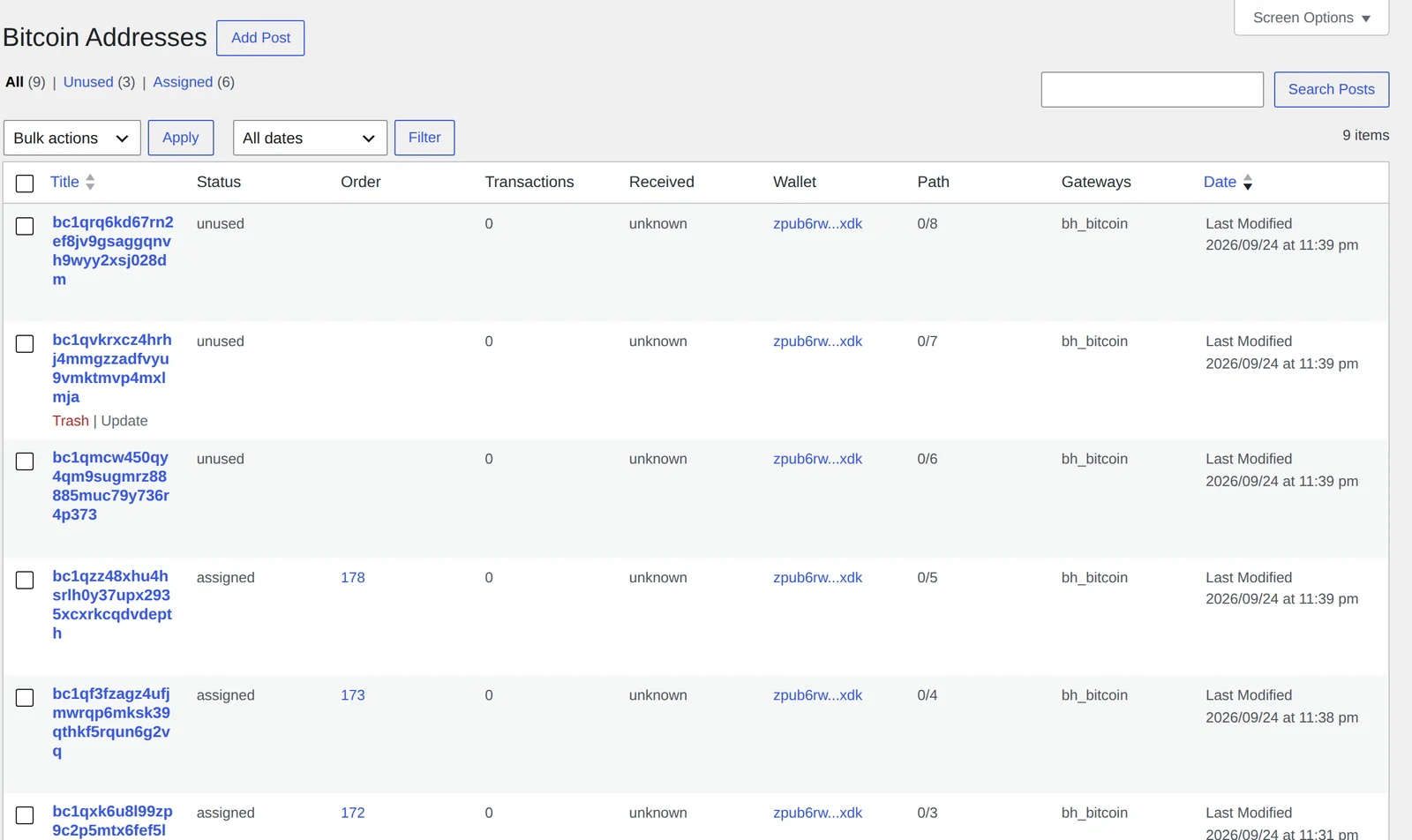 Bitcoin Addresses list table with status filters, order links, transaction counts and derivation paths