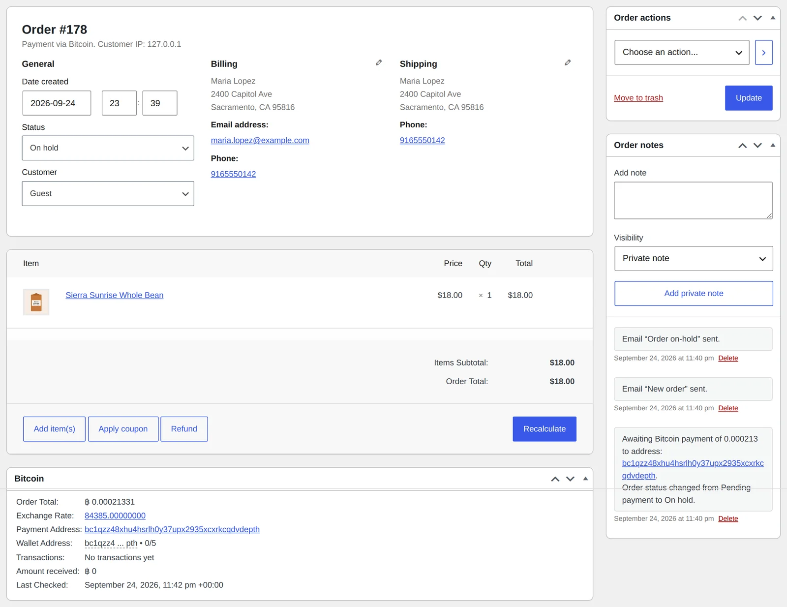 WooCommerce order edit screen with the Bitcoin metabox and an order note awaiting payment