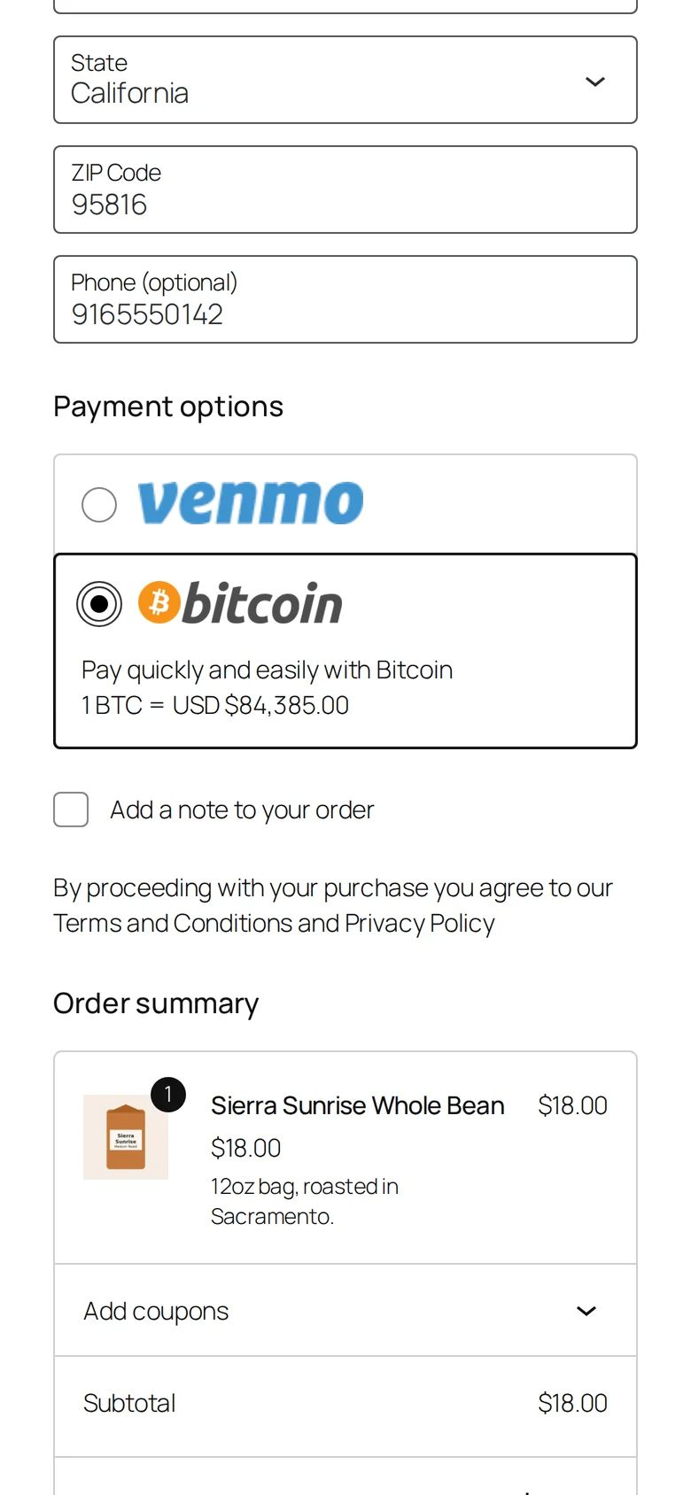 WooCommerce block checkout on a phone with Bitcoin selected, showing 1 BTC = USD $84,385.00
