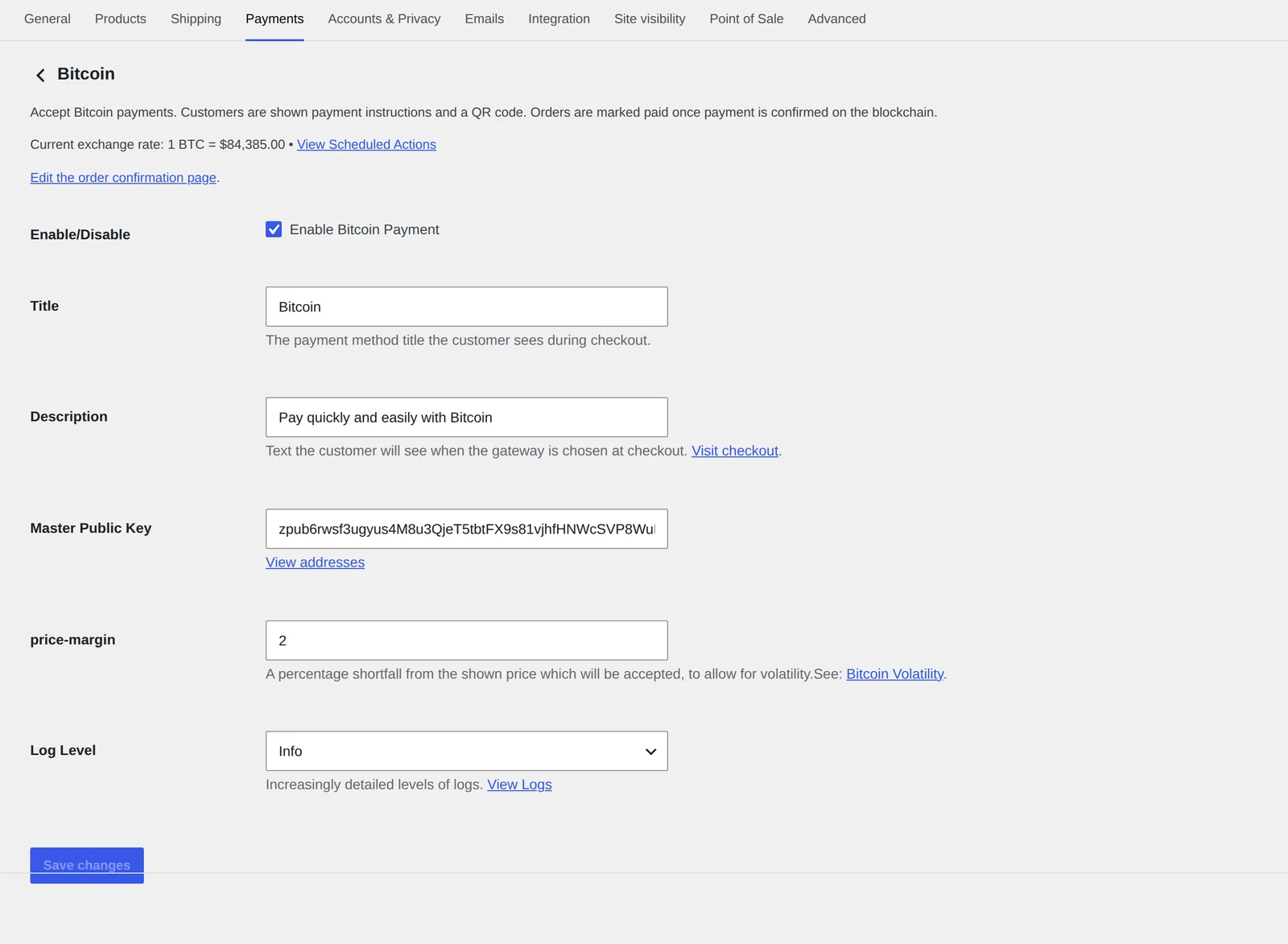 Bitcoin gateway settings: enable, title, description, master public key, log level