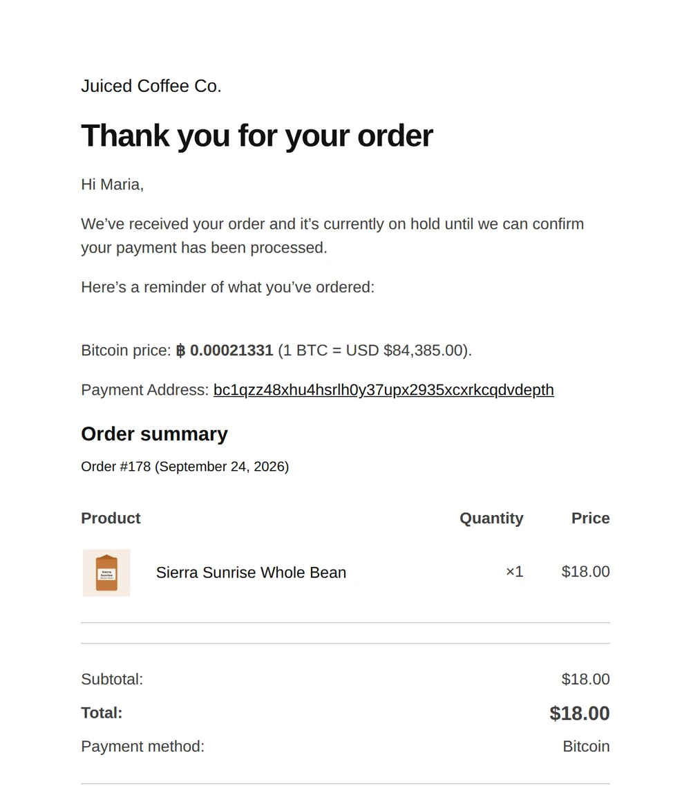 WooCommerce on-hold email including the Bitcoin price, exchange rate and payment address