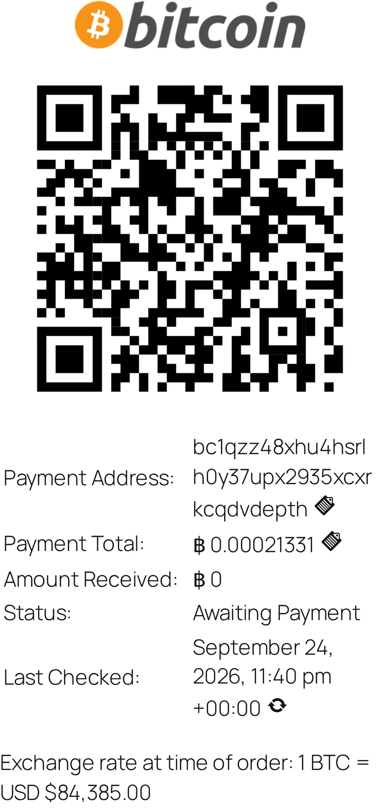 Order received page on a phone: Bitcoin logo, QR code, payment address, amount of 0.00021331 BTC, status Awaiting Payment, and the exchange rate at time of order